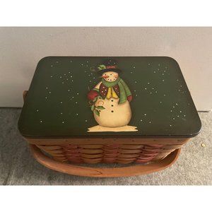 Very Nice Wt Holiday Basket with a Painted Snowman   8.5 x4.5 5.75  #1079